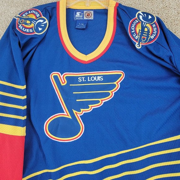 VINTAGE ST LOUIS BLUES NHL STARTER Large/XL Long Sleeve Patches Jersey V-Neck - Picture 2 of 11
